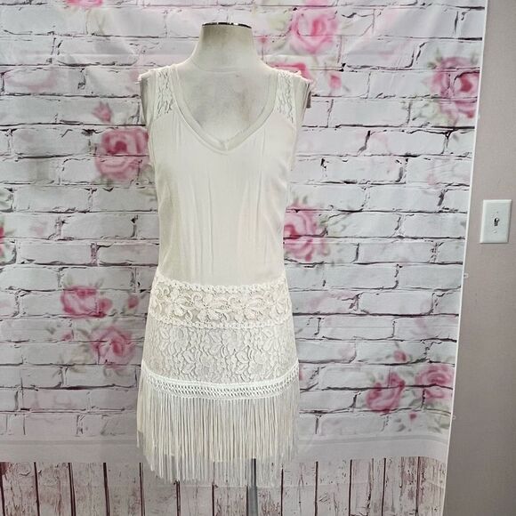 Ark & Co Women's Lace Fringe Cream Chiffon Sleeveless Mini Shift Dress Size S - Picture 4 of 14
